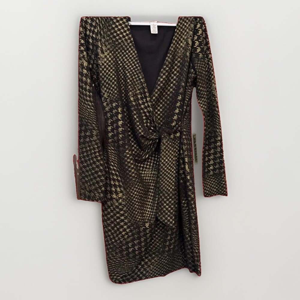 Cache Metallic Black & Gold Whimsigoth Dark Angel Faux Wrap Bodycon Dress L